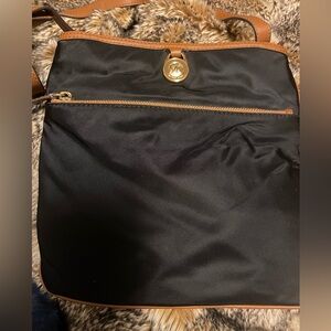 Michael Kors Kempton Crossbody Bag Black Nylon Tan Trim Used
